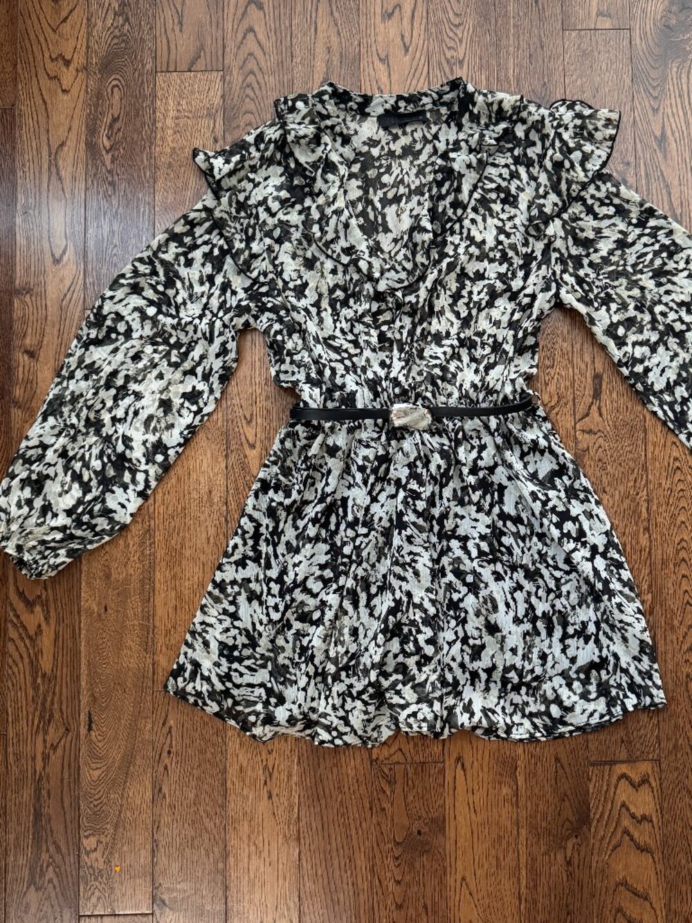 Zara Printed Mini Dress Large Black White Floral Belted
